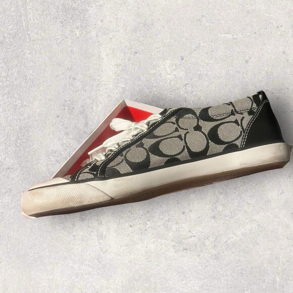 COACH BARRETT LOW-TOP CANVAS LOGO SNEAKERS, GRAY-BLACK, LEATHER TRIM, SZ 8.5 - Picture 6 of 15